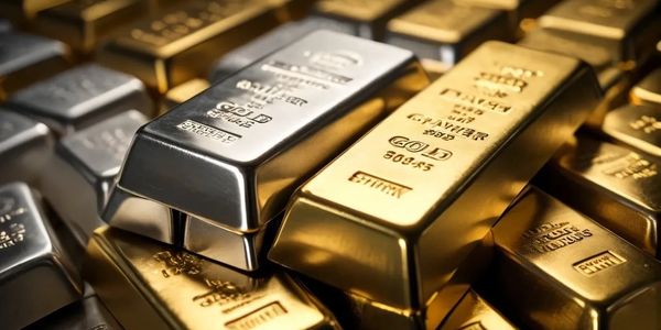 Stack of gold and silver bars shining under light.
