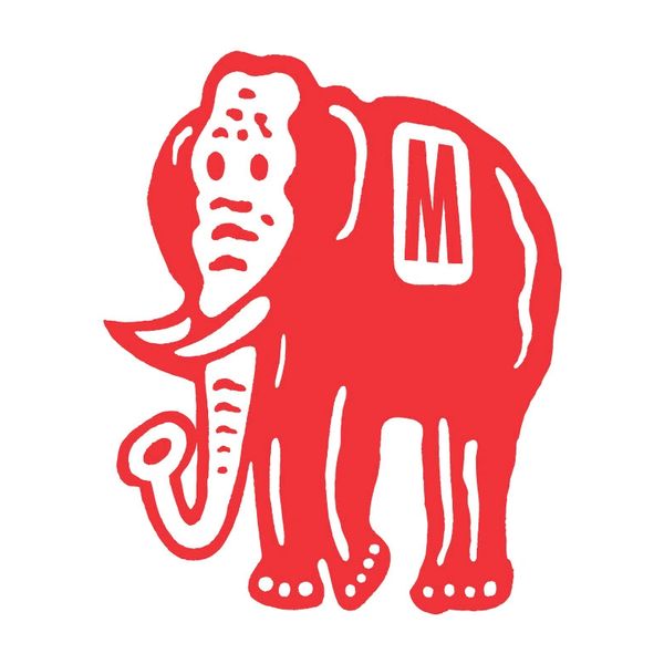 Red elephant logo with letter M.