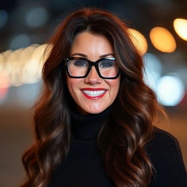 Smiling woman with long wavy hair and large glasses in a softly lit background.