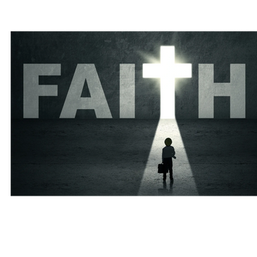 A child walks toward a glowing cross forming the letter 'T' in 'FAITH'.