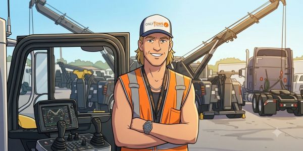 Smiling tow truck driver in vest and cap at a tow yard.
