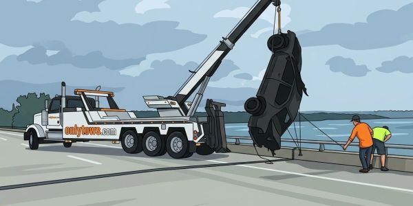 Tow truck lifting a car near a water body with two people watching.
