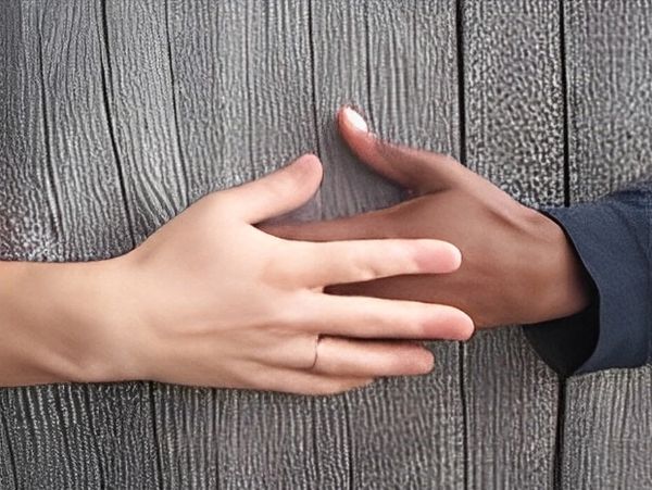 Two hands with different skin tones touching.