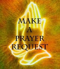 A graphic with a pair of glowing praying hands and the text "MAKE A PRAYER REQUEST."