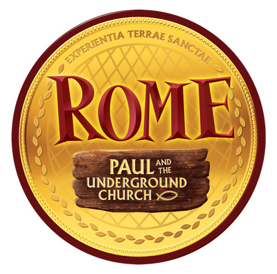 Logo for Rome: Paul and the Underground Church game with gold and red colors.