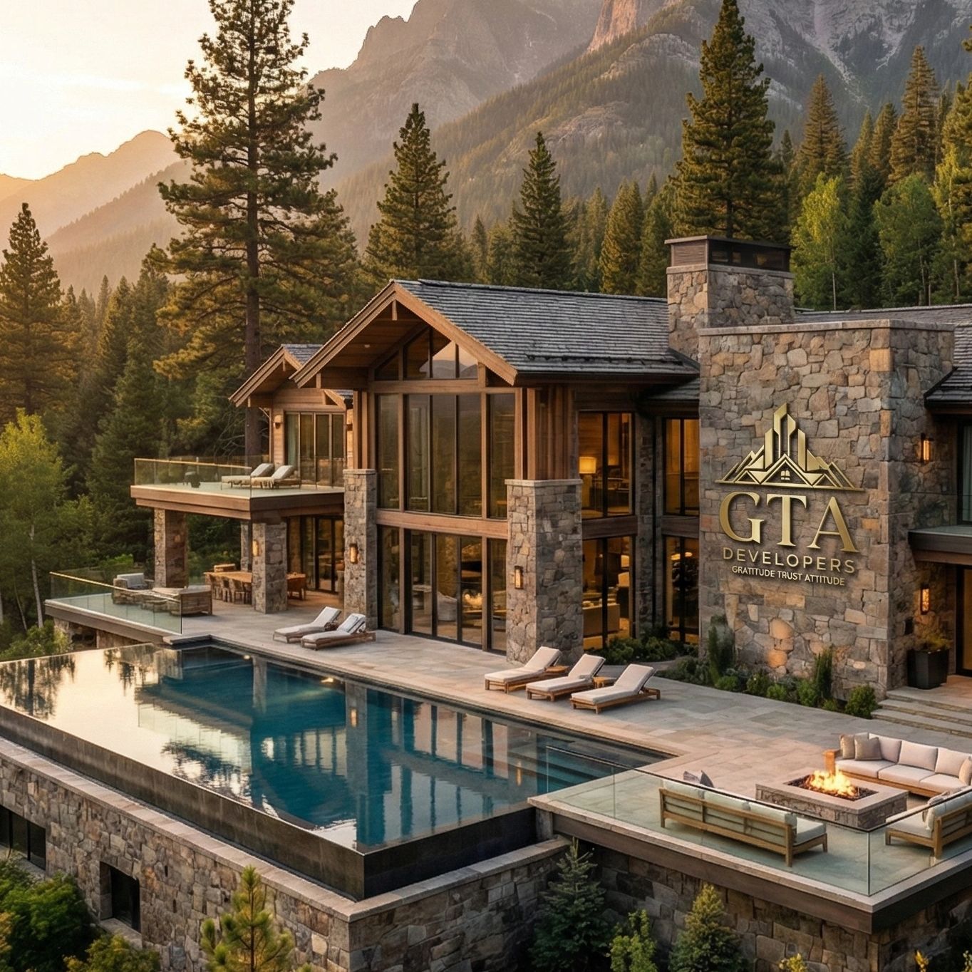 Luxurious mountain stone mansion with infinity pool and forest backdrop at sunset.