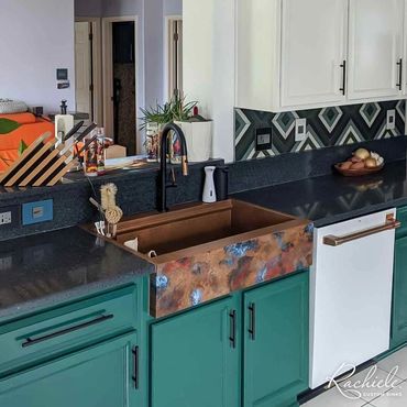 retrofit copper farmhouse sink by Rachiele with a vibrant custom patina