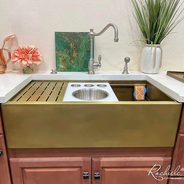 35 1/2" custom brass farmhouse workstation sink by Rachiele in the Rachiele Sinks Showroom
