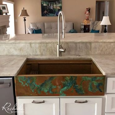 36" copper farmhouse workstation sink with turquoise patina by Rachiele