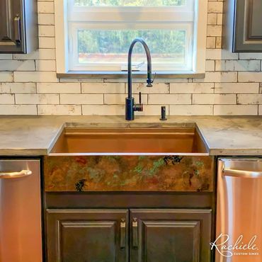 36" custom copper farmhouse sink with unique patina by Rachiele with a Waterstone 5700 faucet