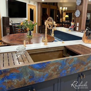Rachiele Custom Sinks 60" copper farmhouse sink with custom patina