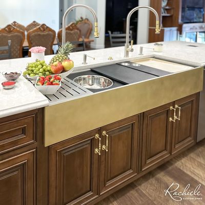 Luxury Kitchen showcasing a Rachiele workstation sink in mixed metals: stainless steel and brass.