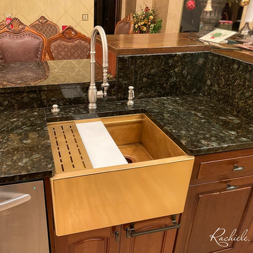 custom bronze farmhouse workstation sink by rachiele with a Waterstone satin nickel faucet