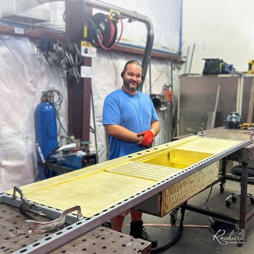 89" custom brass workstation sink with double integral drainboards in the Rachiele Custom Sinks Shop