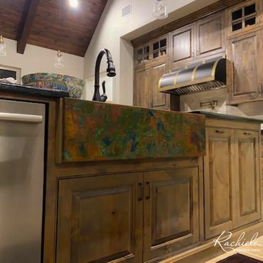 Rachiele custom copper farmhouse sink, 36" with a custom patina