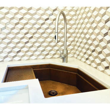 Custom copper single bowl undermount corner sink with signature series workstation by Rachiele