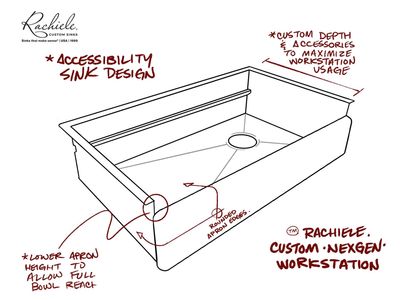 Custom workstation accessibility sink designed by Rachiele Custom Sinks for use from a wheel chair