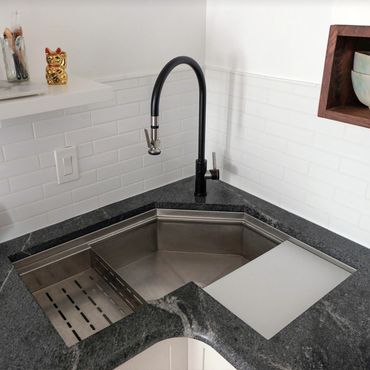 custom stainless single bowl corner workstation sink with Waterstone 9750 faucet