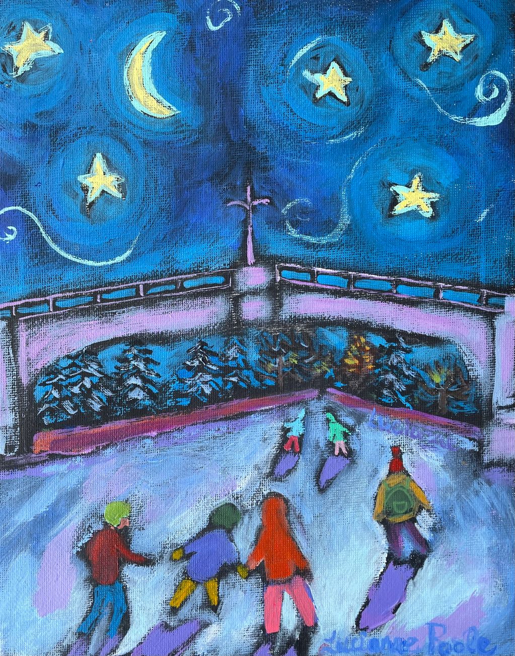 Skaters skate under a starry sky under a pink Bank Street Bridge in Ottawa, Ontario.