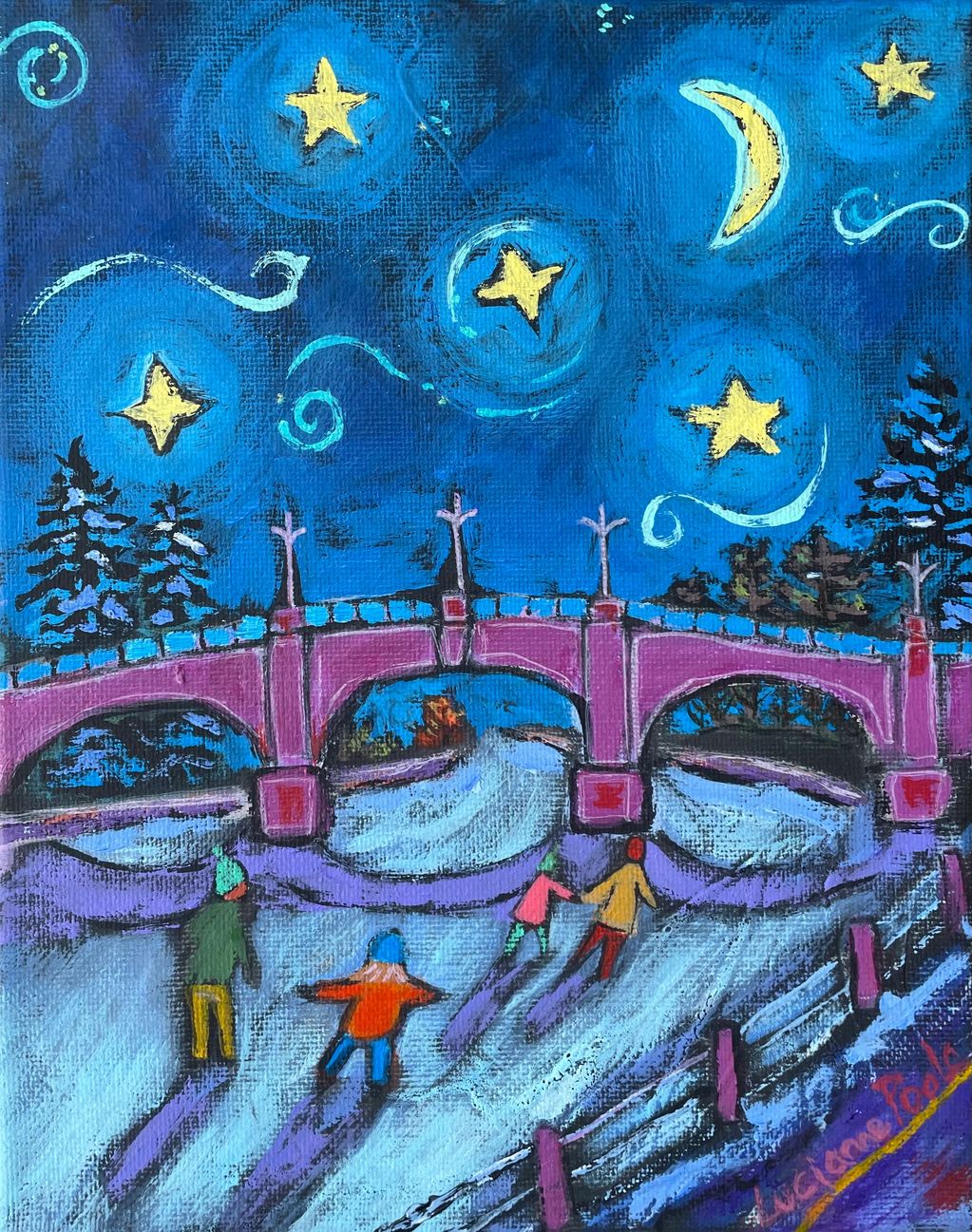People skate on a starry night on the canal near the Bank Street Bridge, Ottawa.