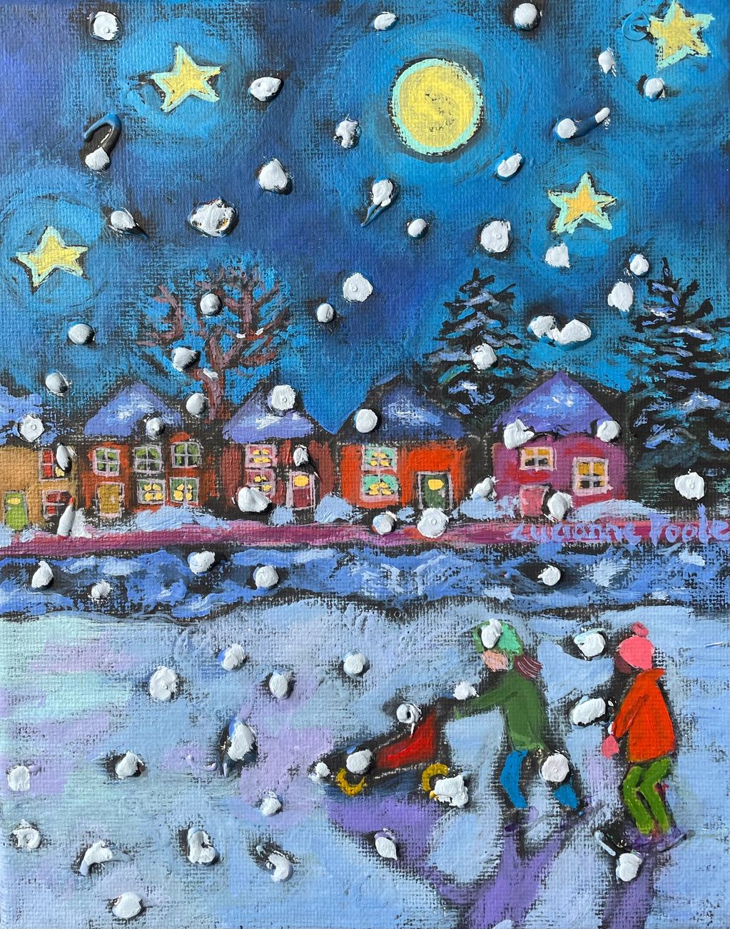 A couple push a stroller as they skate down the frozen canal as it snows at night.