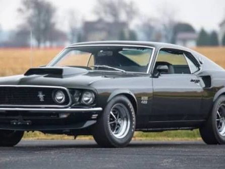 Classic black Ford Mustang 428 parked outdoors.