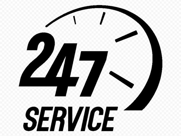 24/7 Service logo with a clock design.