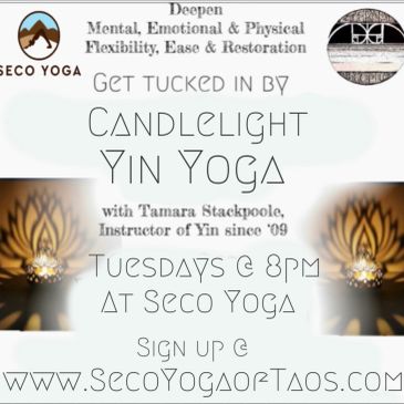 Flyer for candlelight Yin Yoga classes at Seco Yoga on Tuesdays at 8 PM.