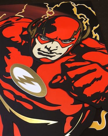 This unique “tribute to The Flash” carved mat artwork was designed by Jared Davis, and cut on a Gunn