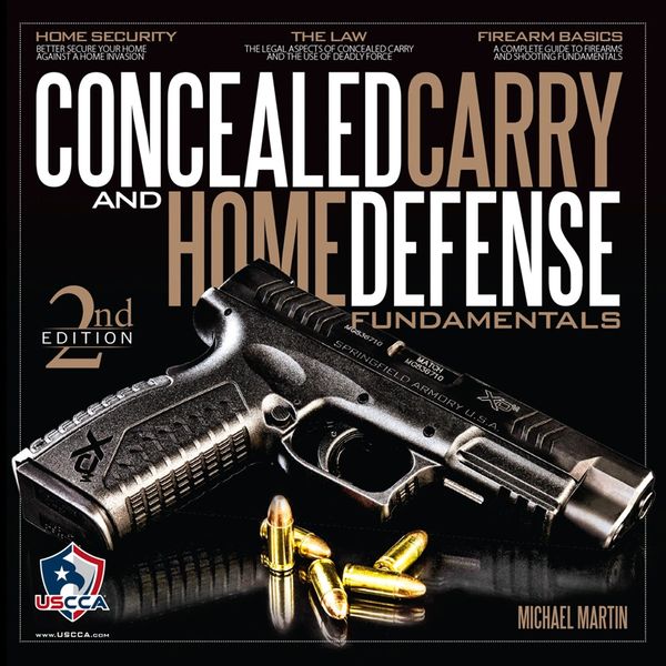 Book cover featuring a handgun and bullets about concealed carry and home defense.