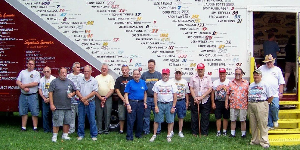 Donators and racers of Reading Fairgrounds Speedway in front of RFRHS museum.  