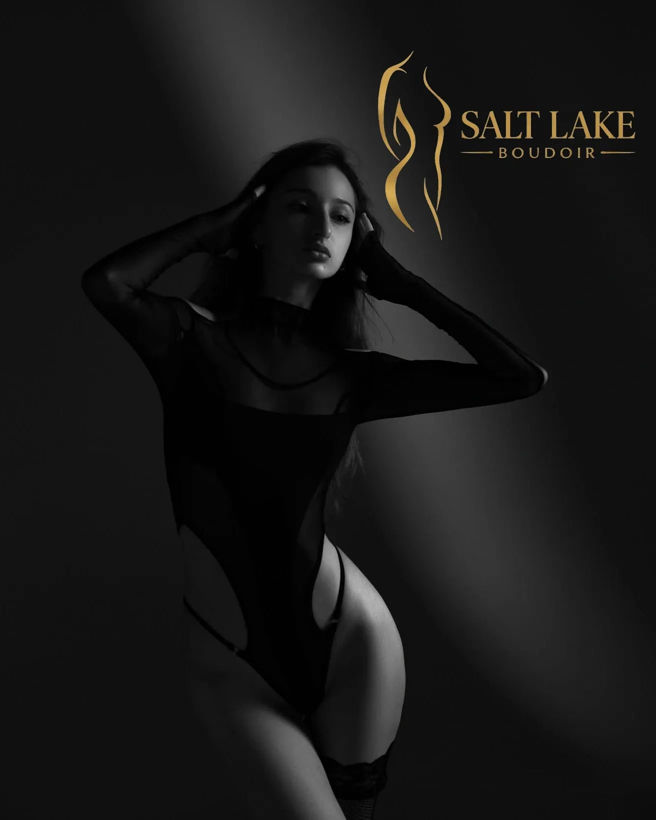 Black and white boudoir photo of a woman in sheer lingerie.