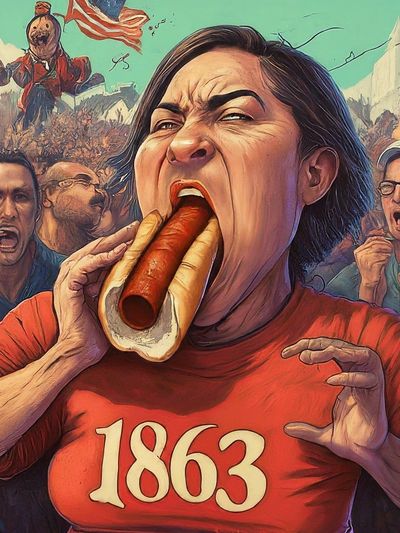 AI Generated image of a WV lady eating a pepperoni roll in a competitive eating contest