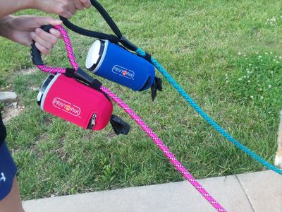 Dog leash, poop bags and a way to carry after you pick up after your dog.