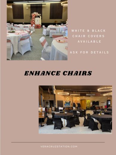 Event chairs with white and black covers for enhancement.