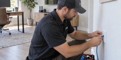 Technician installing Ethernet cable in wall outlet.