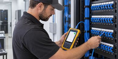 Technician testing network cables in a server room.