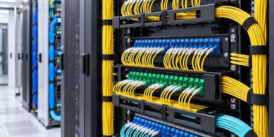 Server rack with organized network cables in a data center.