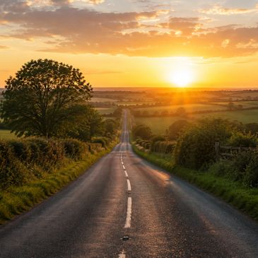 A sunlit country road stretching into the horizon at sunset.