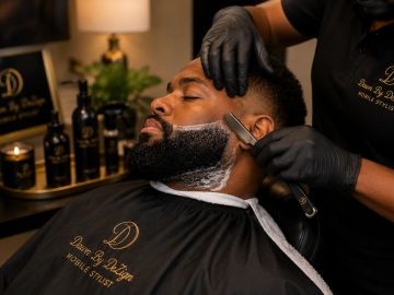 Man getting a beard shave at a barbershop.