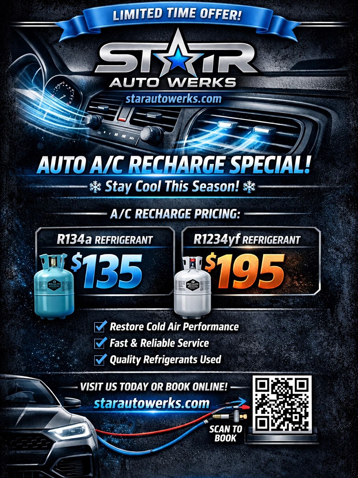 Star Auto Werks offers a special on auto A/C recharge with two refrigerant options.