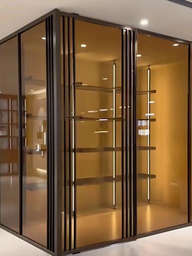 Modern glass display cabinet with warm lighting and sleek metal accents.