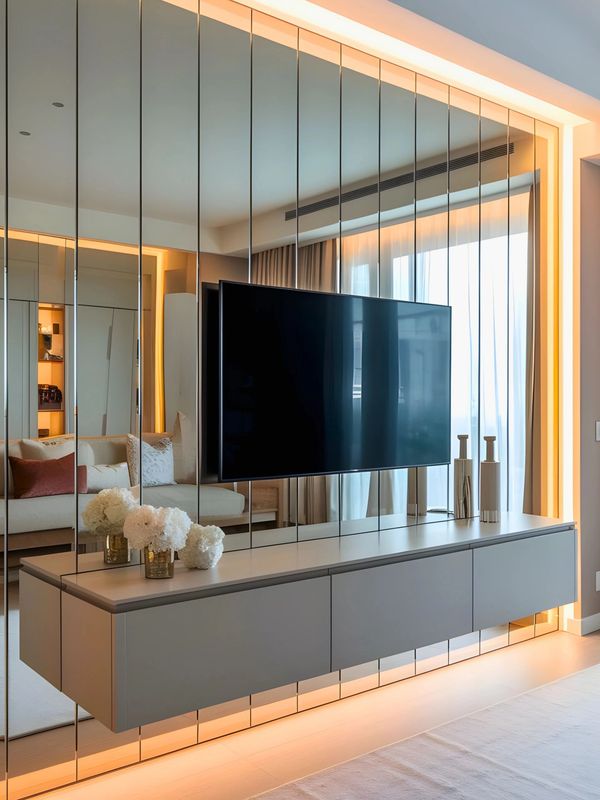 Modern living room with a wall-mounted TV and mirrored paneling.