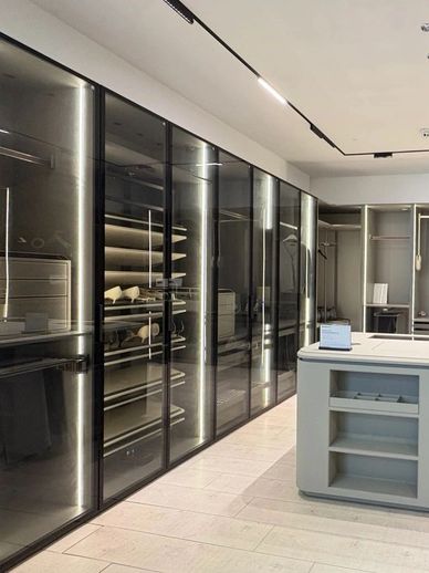Modern walk-in closet with sleek glass doors and central island.
