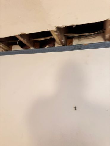 Ceiling damage with exposed wooden beams and wires.