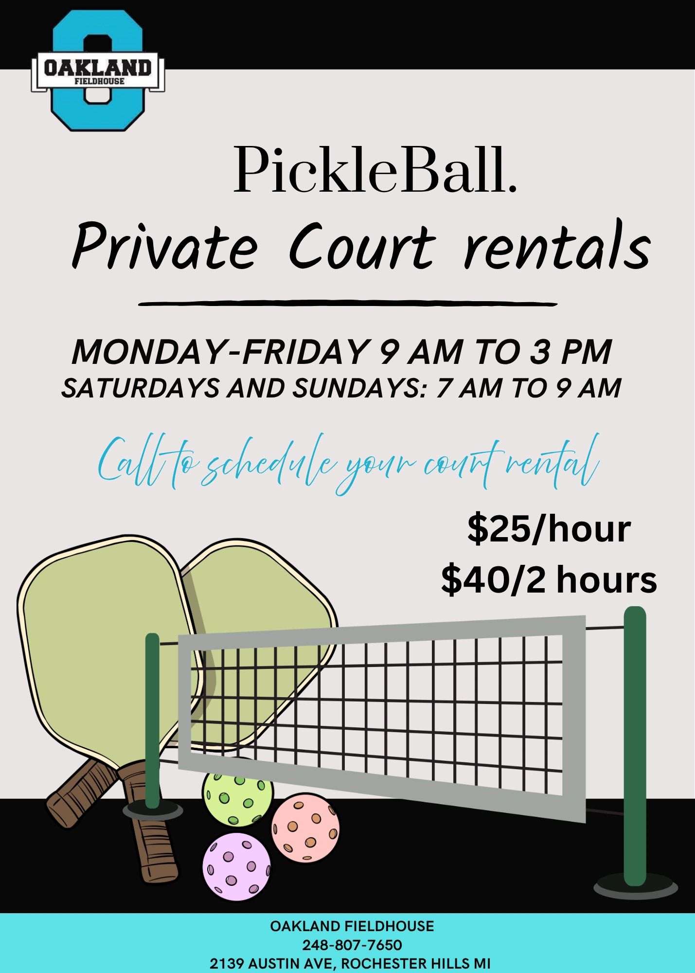 Pickleball court rentals available weekdays and weekends at Oakland Fieldhouse.
