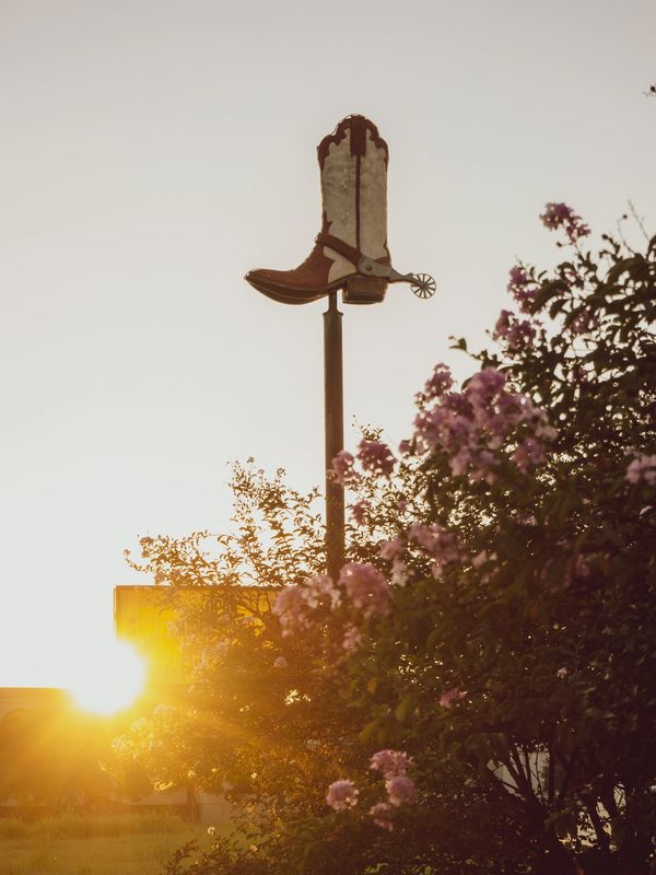 Giant boot on a pole with sunset