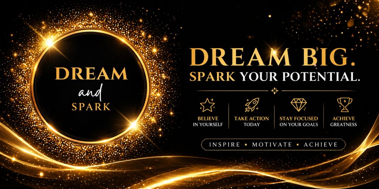 Golden motivational quote encouraging to dream big and spark your potential.