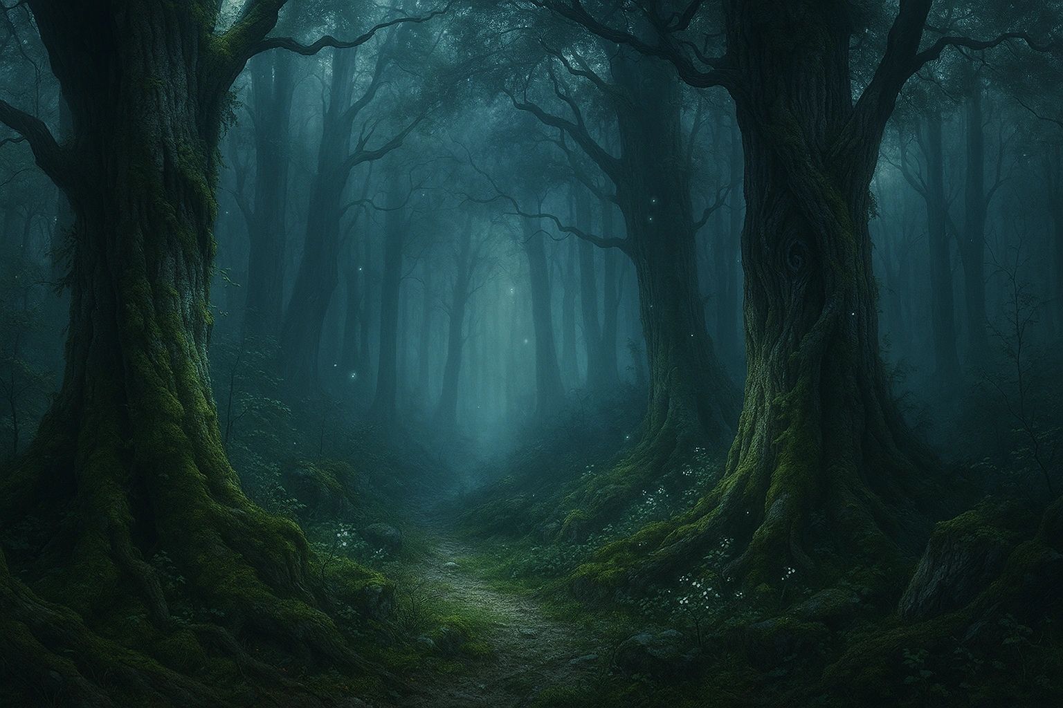 Mysterious, foggy forest path at twilight.