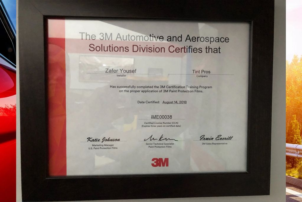 3M Certificate for paint protection installations